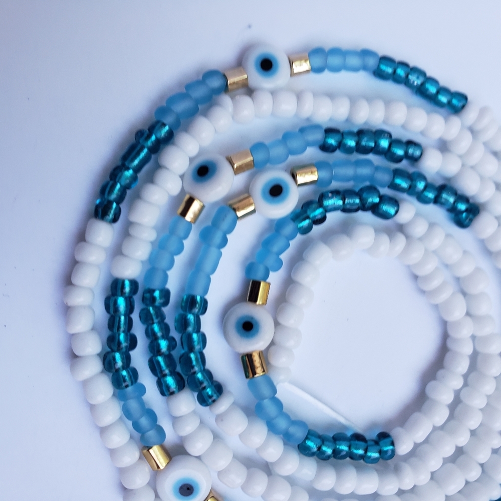 Evil Eye Protection Waist Beads. Elastic XS to 3X. 24 Kt Gold Plated Accents.